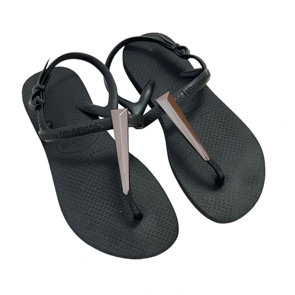 Havaianas Black Thong Rubber Essential Summer Pool Slides Sandals 35‎ / 36 4 5